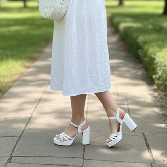 White Strappy Platform Sandals Block Heel Ankle Strap | Wedding Prom Summer - Picture 4 of 4